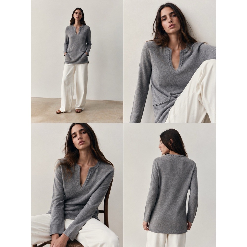 Tory Burch 100% Cashmere Gray Tunic Sweater Sz L/G Braided Trim Pocket $425